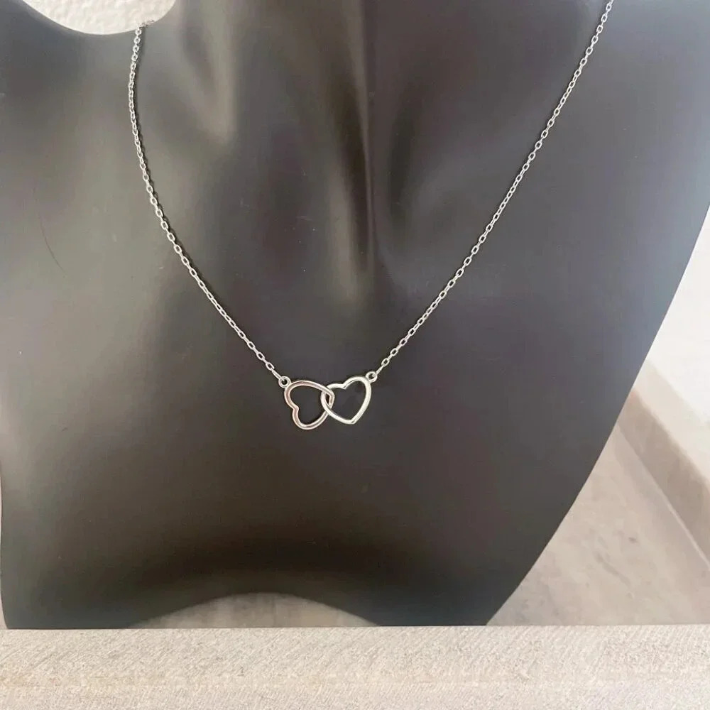 925 Sterling Silver Double Heart Linked Necklace Interlocking Hearts Necklace - Picture 7 of 15